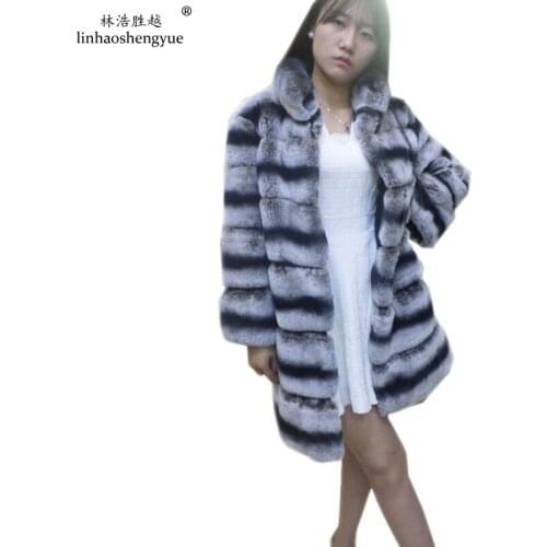 Linhaoshengyue 90CM Long Rex Rabbit Fur Coat with Long Sleeve