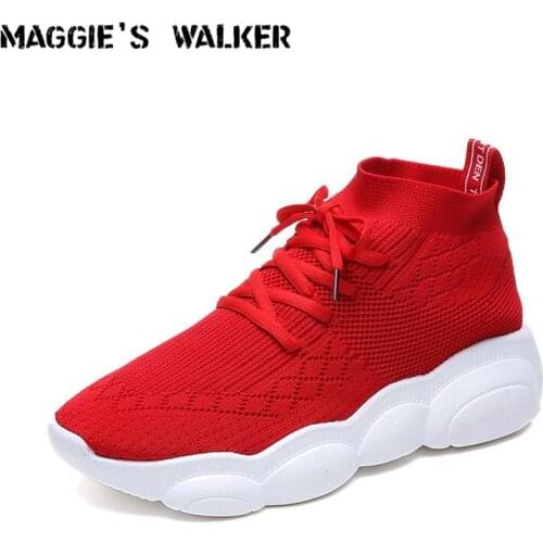 Maggies Walker Women Mesh Casual Shoes Fashion Elastic Platform Canvas Shoes Knitted Breathable Shoes Plus Size 35~39