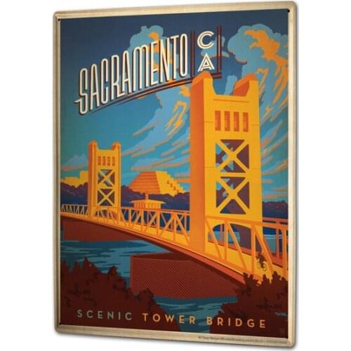 Tin Sign Retro Art Metropole Sacramento Tower Bridge Scenic