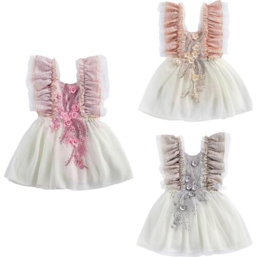 Newborn Baby Girls Dress Flower Pearl Embroidery Ruffles Sleeve High Waist One-Piece Romper Dress 0-24M Spring/Summer/Autumn