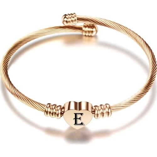 Simple Stainless Steel Braided Rose Gold Color Cable Wire Bangles Color 26 Letters A-Z Titanium Steel Heart Women Bracelet