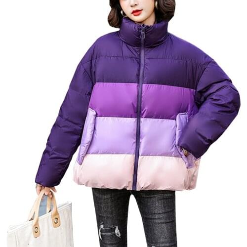 Winter Stripe Down Jacket Women Casual White Duck Down Jacket Long Sleeve Coat Streetwear Overcoat Female Purple Green Outerwear