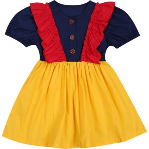 1-6Y Infant Baby Girl Color Block Dress, Short Sleeve Round Neck Ruffle Single-breasted One-piece For Summer