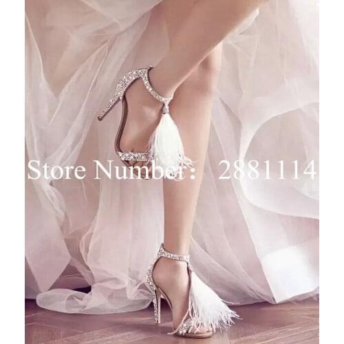 Romantic Pearl Beads Embellished Feather Tassel Pedant Wedding Sandals Women T-Strap Thin High Heel Fringed Sandals Summer Shoes
