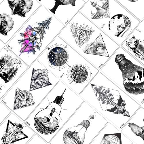 Triangle Compass Pin Tree Temporary Tattoo Stickers Viking Waterproof Fake Tattoo Paper Cover For Women Men Kids Children Tatoos