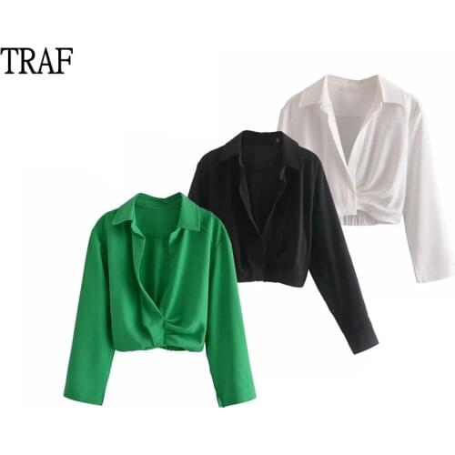 TRAF Za 2021 Fashion Women Blouses Ruched Short Top Woman Long Sleeve Sexy Crop Tops Summer Blouses Female White Shirts Blusas