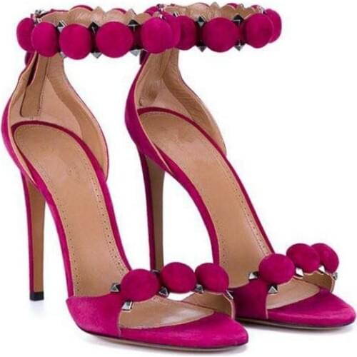 Big size 35-44 solid color balls decor gorgeous 10 CM high heels sandals big size heels woman rivets studded ankle wrap sandals