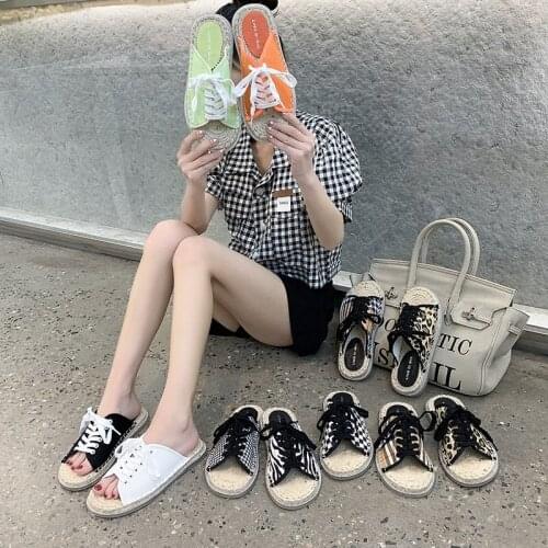 WOHDHE Lazy Sandals for Women 2021 Outdoor Flat Shoes with Shoelace Slippers Women Slides Soft Sole Beach Slippers Casual Women