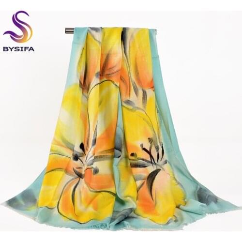 [BYSIFA] Yellow Green Women Wool Scarves Chinese Hand Painted Cashmere Long Shawl Scarf Winter Elegant Scarves Pashmina 180*70cm