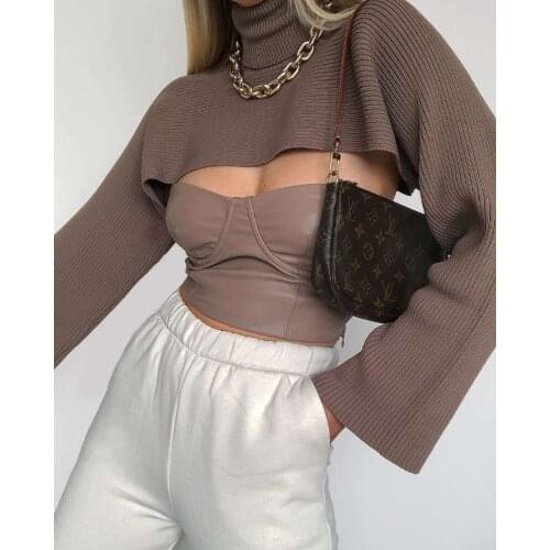 Womens high neck long sleeve short sweater Pullover Knitted Blouse sexy simple Pullover fashionable womens street clothes