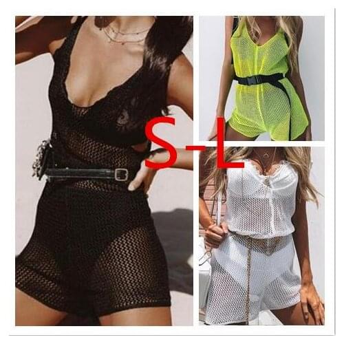 2021 Women Summer Beachwear Swimwear Solid Sleeveless Sling Backless Jumpsuit Womans Mesh Hollow Out Jumpsuit 3Colors