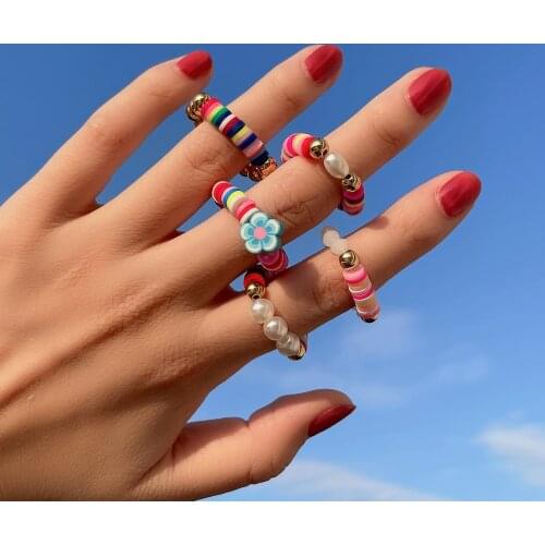 SHIXIN Bohemia Handmade Ring for Women Colorful Elasticity Pearl Beaded Flowers Rings Summer Fashion Cute Knuckles Rings Jewelry