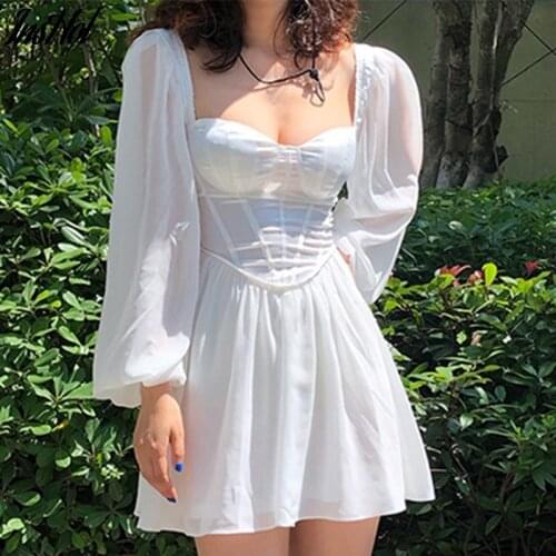 Square Neck Backless Patchwork Slim White Dress 2021 Summer Women Elegant Long Puffed Sleeves Off Shoulder Sexy Mesh Mini Dress