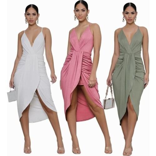 Women Spaghetti Strap Solid Dress Summer Sleeveless Deep V Neck Front Pleated Split Package Hip Dress Nightclub Party Midi Dress