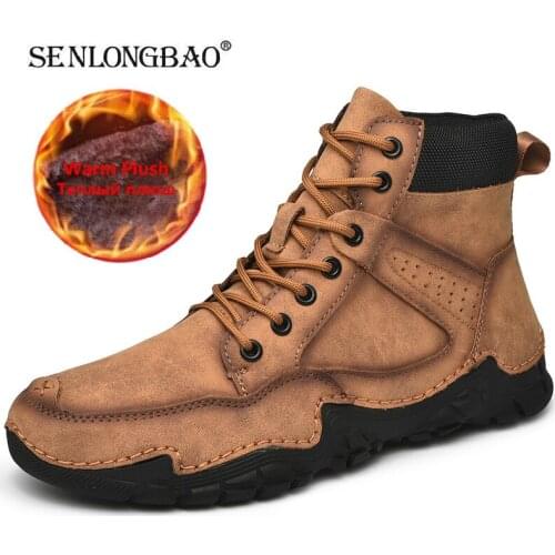 Winter Warm Boots Mens Leather Waterproof Ankle Boots Fashion Warm Fur Mens Snow Boots Outdoor Non-slip Mens Motorcycle Boots