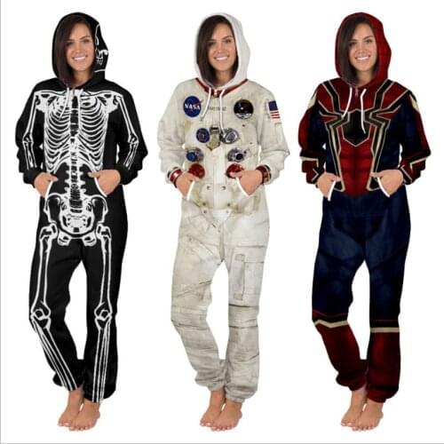 Winter Adult Onesie Pajamas Funny 3D print Astronaut Romper Fleece Warm Hooded Spider Iron Halloween Cosplay Fans Sleepwear