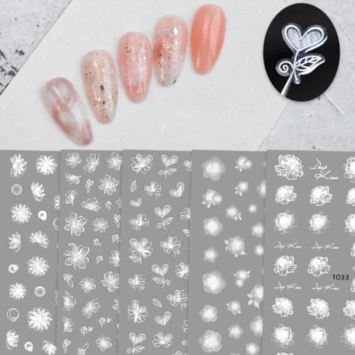 1 Sheet Embossed Nail Sticker 3D White Flowers Slider Nails Decals Japanese Style Nail Art Decorations DIY Manicure Designs