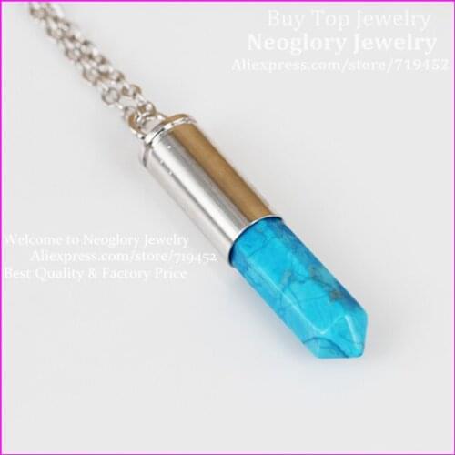 10pcs Blue Sand Gems Point Bullet Necklace Real Silver Plated Casing Pendant Drusy Quartz Druzy Stone Pendant Necklace