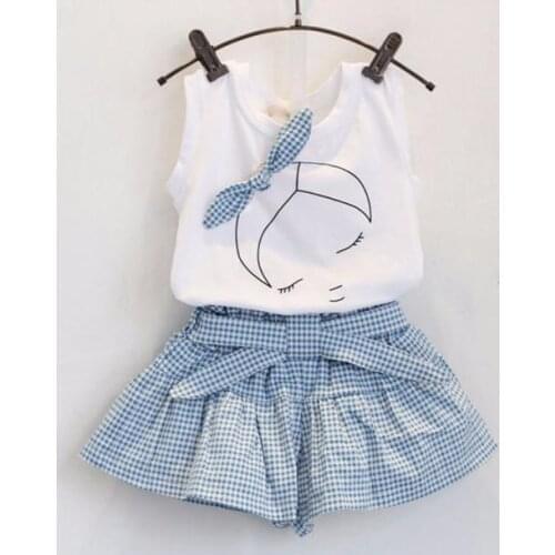 TELOTUNY Childrens clothing Kids Girls Cute Bowknot Girl Pattern Sleeveless T-Shirt Tops+Plaid Shorts Clothing 2Pcs Set Jun20