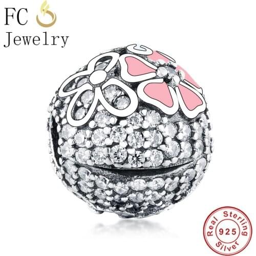 FC Jewelry Fit Original Brand Charms Bracelet Pulsera 925 Sterling Silver Pink Enamel Flower Clip Stopper Lock Beads Berloque