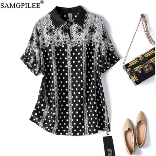 Summer T Shirts Oversized 2021 New Retro Peter Pan Collar Polka Dot Figure Chiffon Office Lady Straight Women T-shirt Plus Size