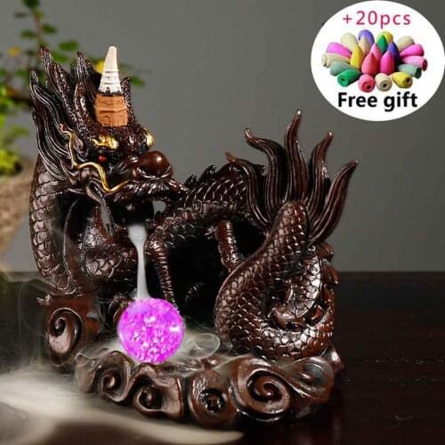 LED Dragon Backflow Incense Burner Resin Smoke Waterfall Incense Holder Censer with 20Pcs Incense Cones Home Decoration Craft