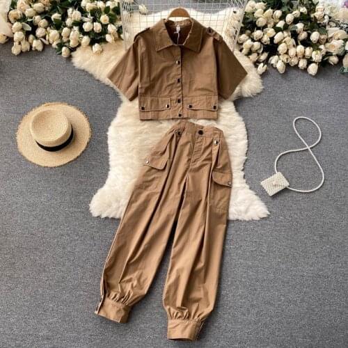 Summer Casual Suit Female Korean Trendy Loose Blouse And High Waist Tooling Nine-point Pants Lady Fashion 2 Piece Set aq1154
