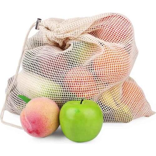 Reusable Cotton Vegetable Bags Wholesale Home Kitchen Fruit Vegetable Storage Mesh Bags With Drawstring Machine Washable