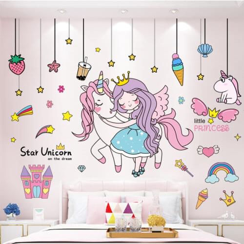 Cartoon Princess Girl Wall Stickers DIY Unicorn Animal Wall Decals for Kids Bedroom Baby Room Home Decoration