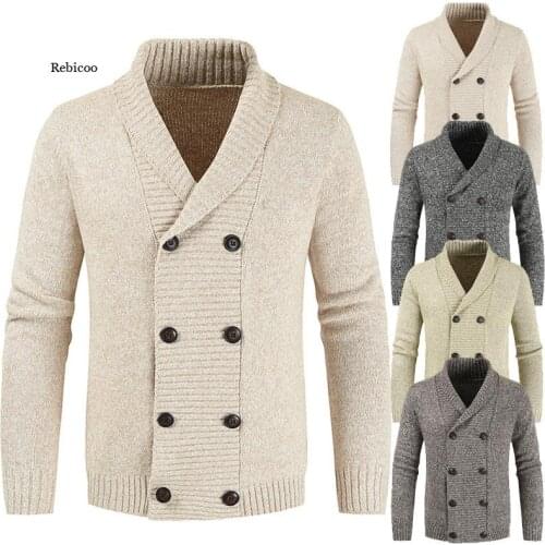 Mens Winter Wool Cardigan Sweater Double Breasted Cashmere V Neck Sweater Men Large Size Long Cardigan Men Pull Homme
