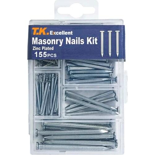 Hardened Ribbed Steel Masonry Nails,Zinc Plated Assortment Kit,155Pcs