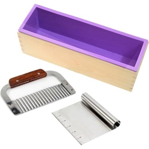 Silicone Soap Mold Kit Rectangular Loaf Mold with Wood Box and 2Pcs Stainless Cutters Tools for Handmade Toast Loaf Soap Making