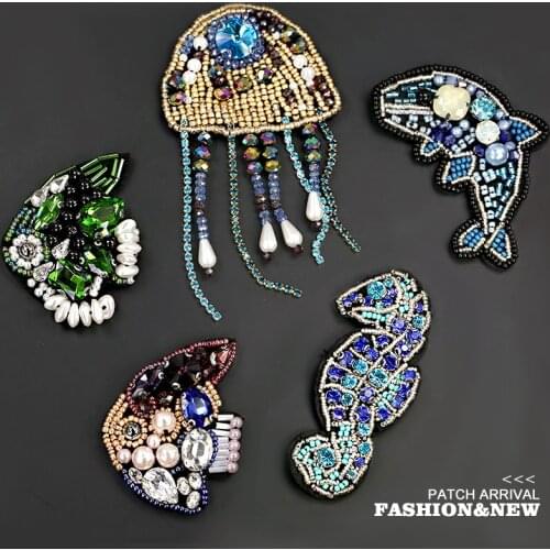 Aquarium Jellyfish Seahorse Fish Embroidery bead Sequin Patches on Clothing Beaded Applique Sew on Patch Stripes for Clothes