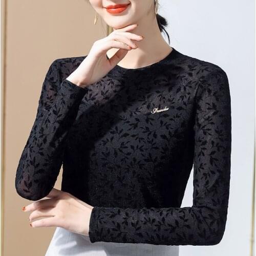 New 2021 Spring Women Tops And Shirt Fashion Casual Long Sleeve Mesh T-Shirt Flocking Black Tees Plus Size Women Clothing