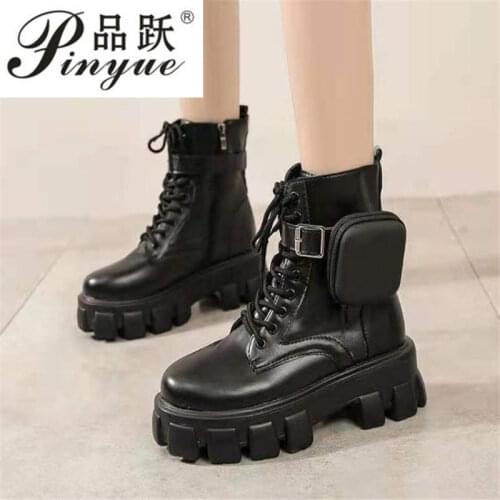 New Chunky Boots Fashion Pocket Platform Boots Women Ankle Boots Female Sole Pouch Ankle Boots Women Botas Mujer Size 35--40