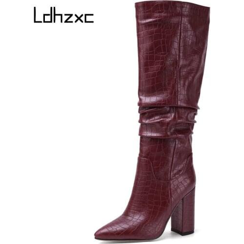 LDHZXC New brand women boots thick high heels autumn winter boots cowboy western knee high boots women shoes Plus size 34-43