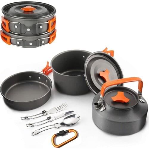 Portable Anodizing Outdoor Cooking Camping Aluminum Alloy Pot Cookware Set With Teapot & Tableware Outdoor Tablewares