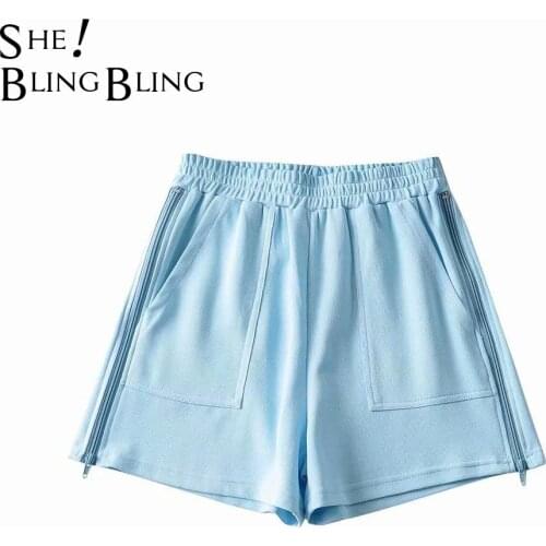 SheBlingBling Za Grey White Summer Women Straight Short Chic Double Side Zipper Pockets Elastic High Waist Woman Casual Shorts