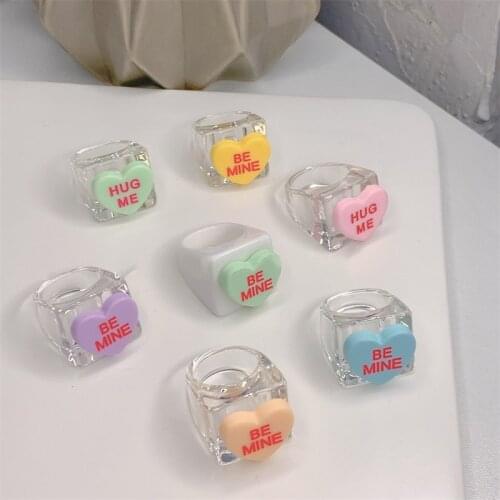 Vintage Hug Me Be Mine Letter Y2K Rings for Women Colorful Shiny Heart Acrylic Rings 90s Jewelry Aesthetic Christmas Gifts 2022