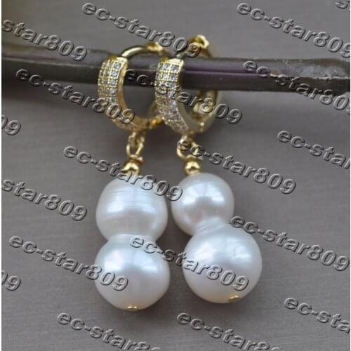 Z11392 18mm White Double Round Freshwater Dangle Earring CZ