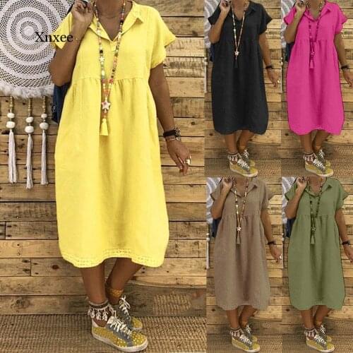 Women Summer Style Feminino Vestido T-shirt Cotton Casual Plus Size Ladies Dress Casual Linen Dress loose v neck casaul beach
