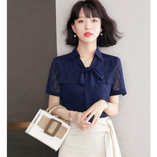 Blue Vintage Chiffon Womens Shirt Summer 2021 Office Lady Lace-Up Collar Short Sleeve Chic Chiffon Blouses Tops Femme