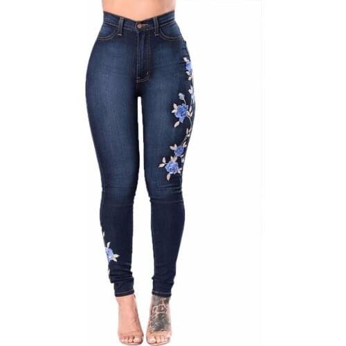 S-3XL Women Sexy Floral High Waist Pencil Jeans Trousers No Name Denim Jeans