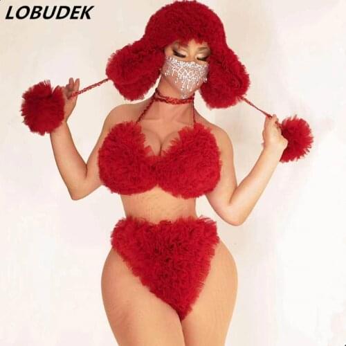 Nightclub Party Rave Festival Show Sexy Red White Mesh Bikini Cap Outfit Women DJ Singer Dancer Pole Dancing Performance Costume
