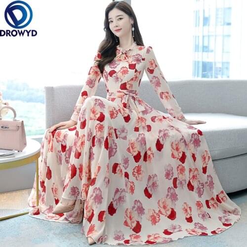 Fashion Pink Floral Chiffon Boho Dress 2021 Spring Autumn Vintage Women Maxi Dresses Black Casual Party Bodycon Long Vestidos