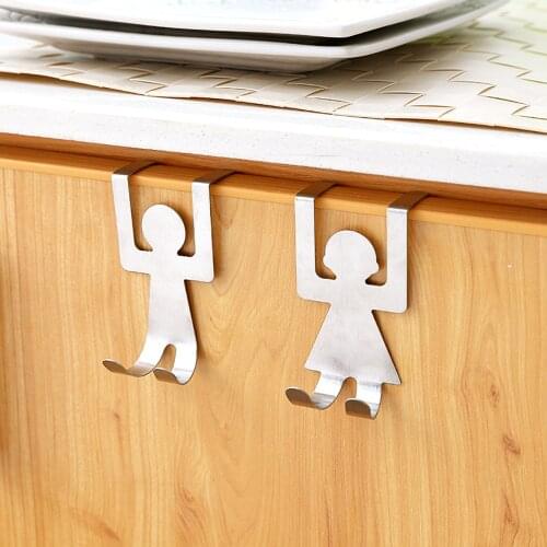 2PCS Stainless Steel Cartoon Back Door Hooks Traceless Nail Free Cabinet Storage Hook Self Adhesive Kitchen Wall Door Hook