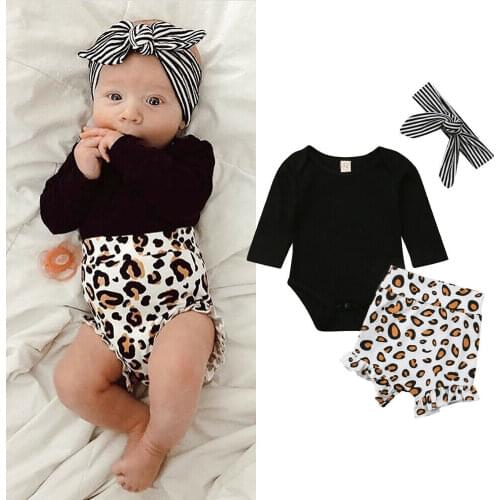 Leopard Print Newborn Clothes 3PCS Autumn Winter Kids Baby Girls Long Sleeve Romper + Pants + Headband Outfit for 0-24 Months