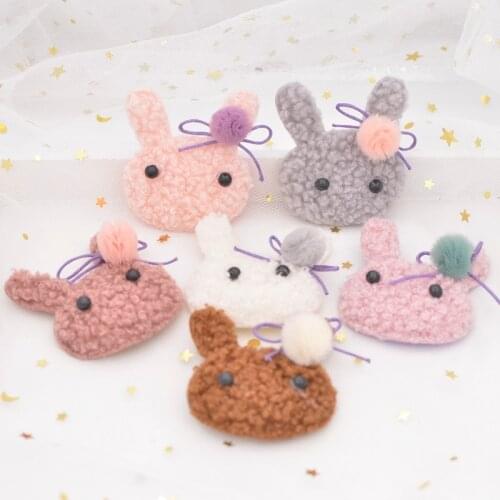 6Pcs Teddy Plush Pads Patches Chiffon Ball Bow Stick-on Rabbit Appliques for Clothes Hat Leggings DIY Hairpin Clips Ornament G12