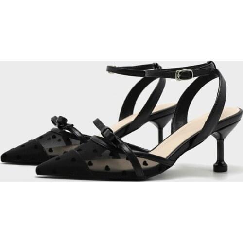 Autumn 2020 New Baotou Sandals Heart-Shaped Mesh Buckle Hollow Pointed High Heel Bow Womens Shoes