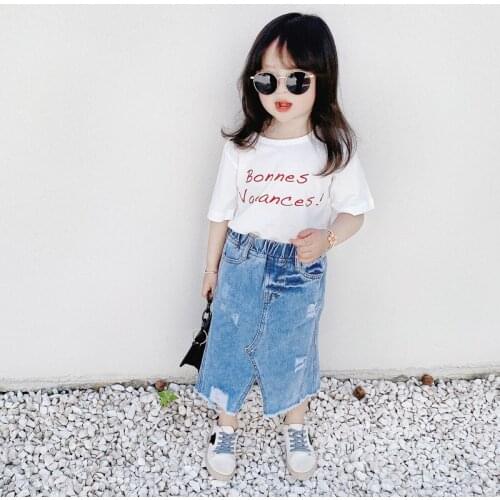 Childrens wear 2021 new spring and summer parent-child wear a-line mid-length ripped denim clothing girls split fringed skirt